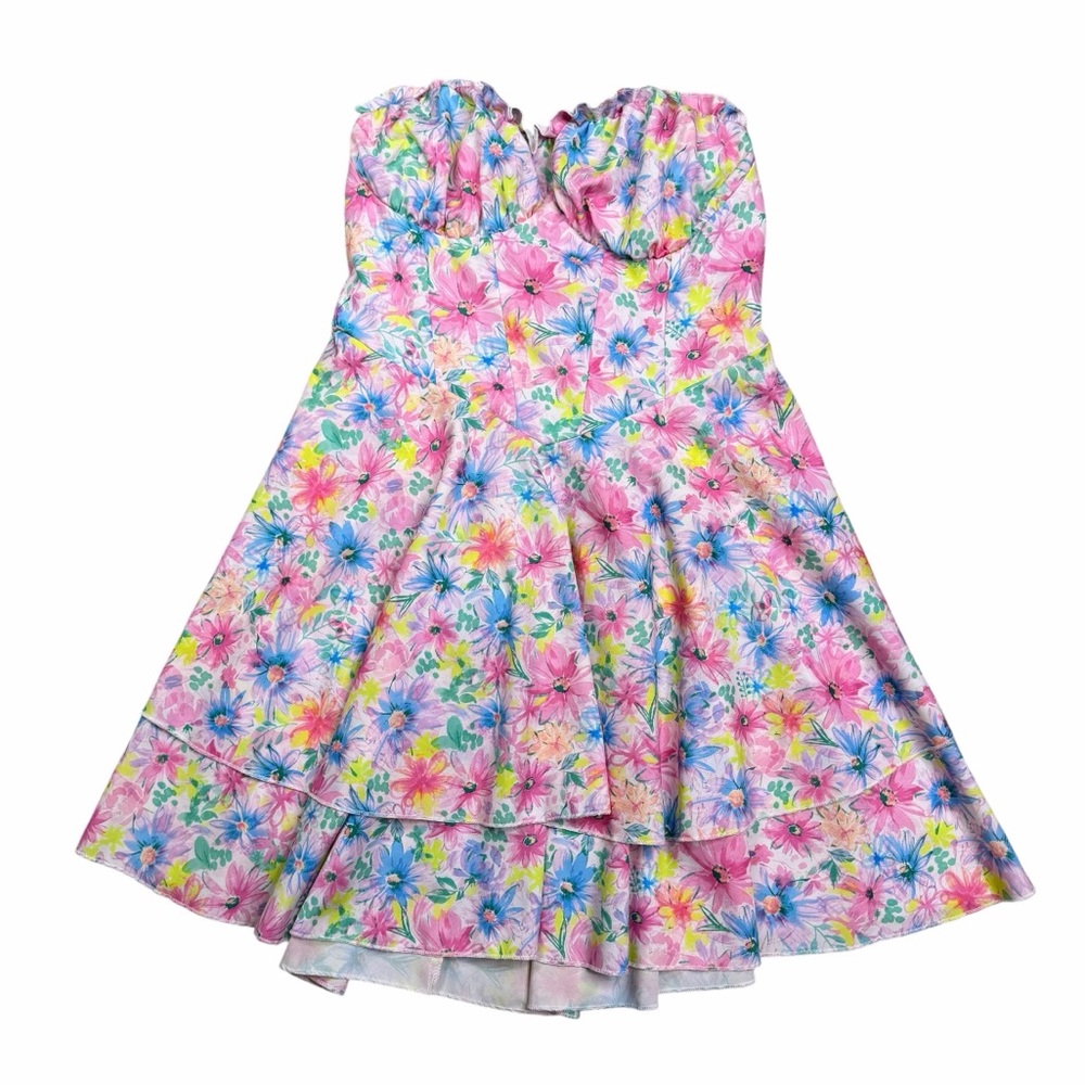 SHEIN Soleia White Multicolor Floral Ruffle Sweetheart Strapless Mini Dress - M - Picture 8 of 16